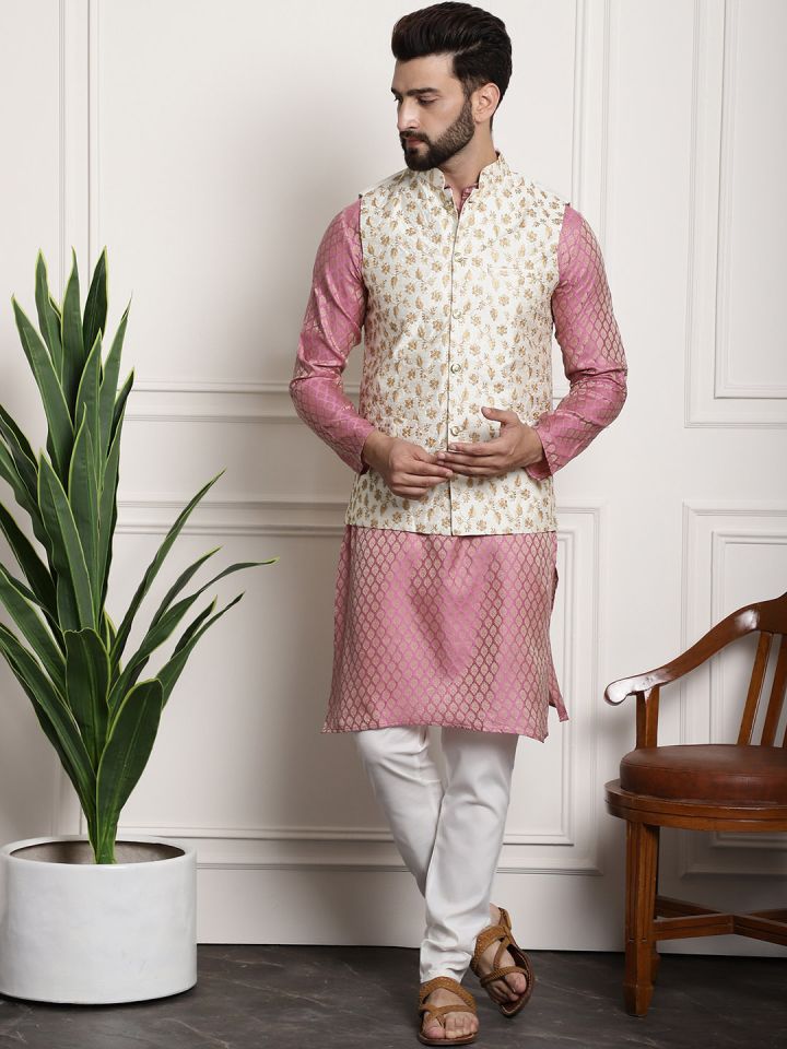 SOJANYA Men Pink Ethnic Motifs Kurta with Pyjamas Nehru Jacket