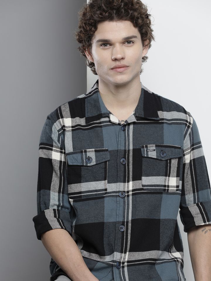 Buy The Indian Garage Co Men Teal Blue Black Comfort Checked