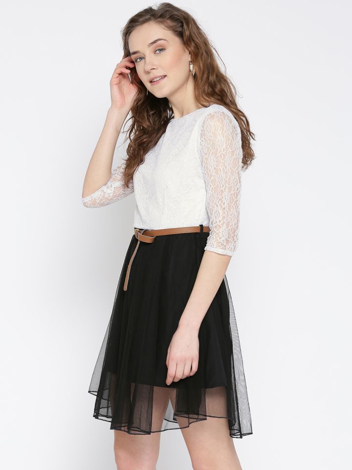 Buy U F Women White Black Lace Fit Flare Dress Dresses for