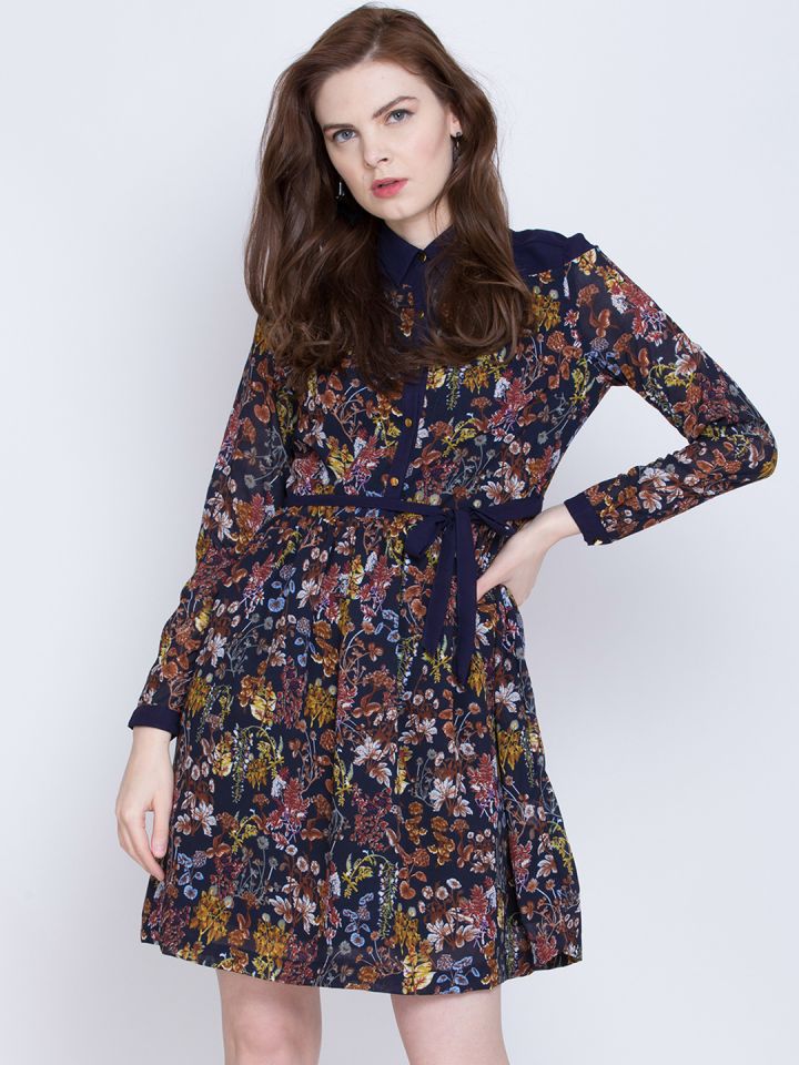 Tokyo talkies women navy blue printed shirt dress sales