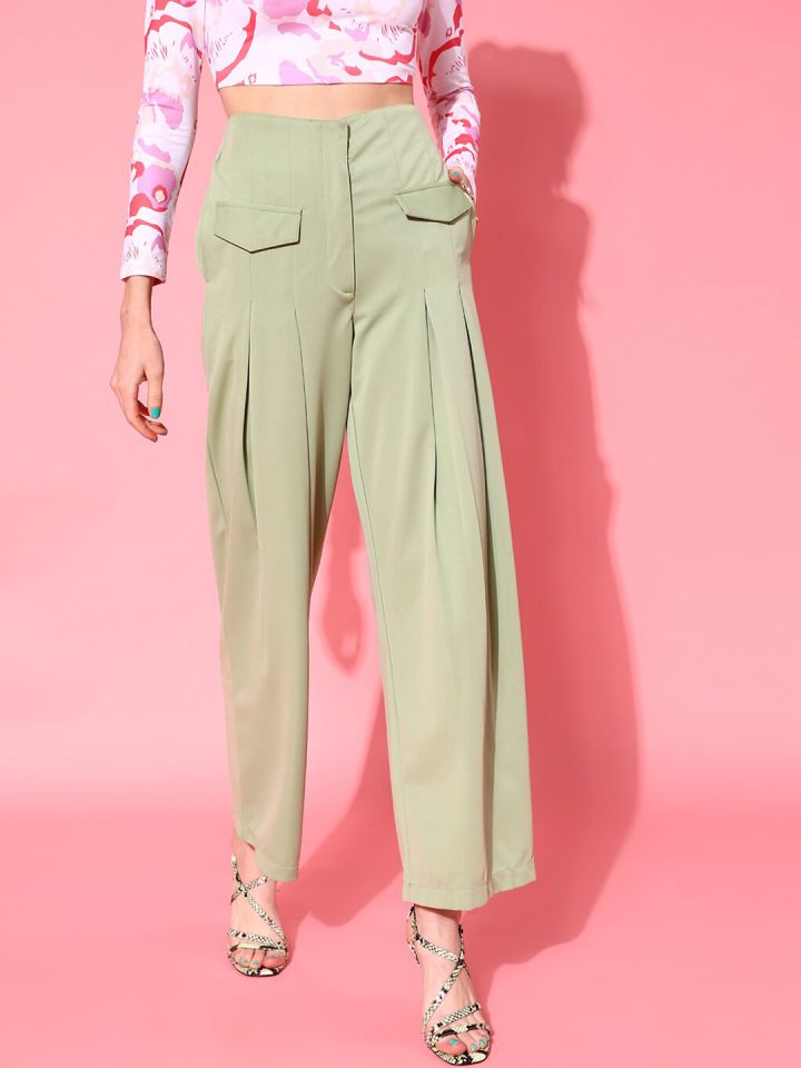 Women Solid Pink High-Rise Waist Slip-On Flared Regular Trousers - Berrylush