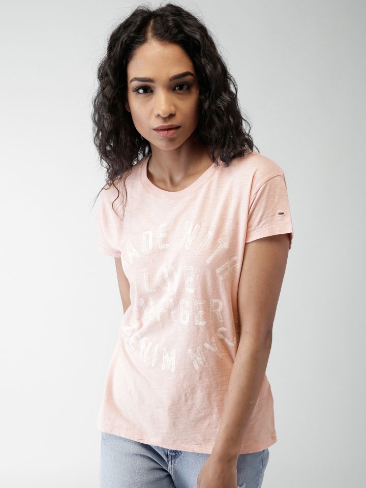 Buy Tommy Hilfiger Women Peach Coloured Printed Round Neck Pure