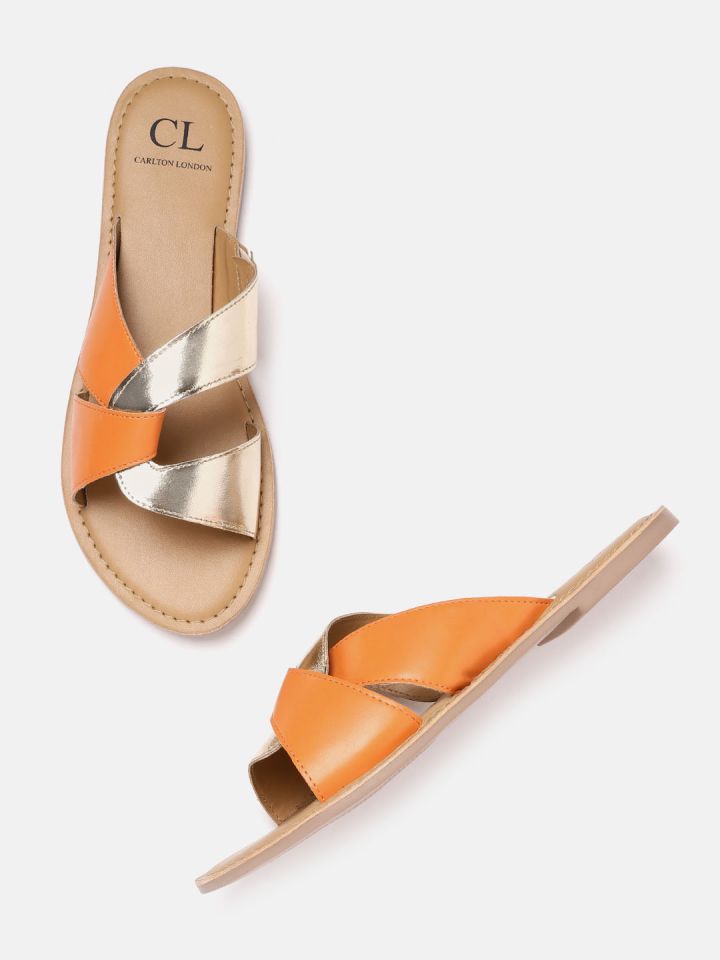 Carlton London Women Orange Gold Toned Colourblocked Open Toe Flats