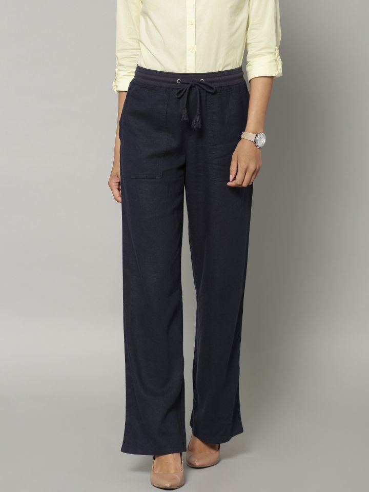 Marks & Spencer Women Navy Blue Straight Fit Solid Formal Trousers