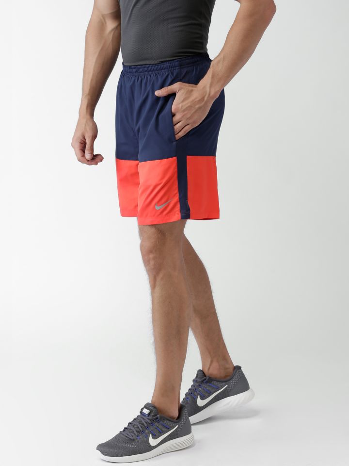 Nike Men Navy Blue Orange AS Distance Colourblocked Sports Shorts