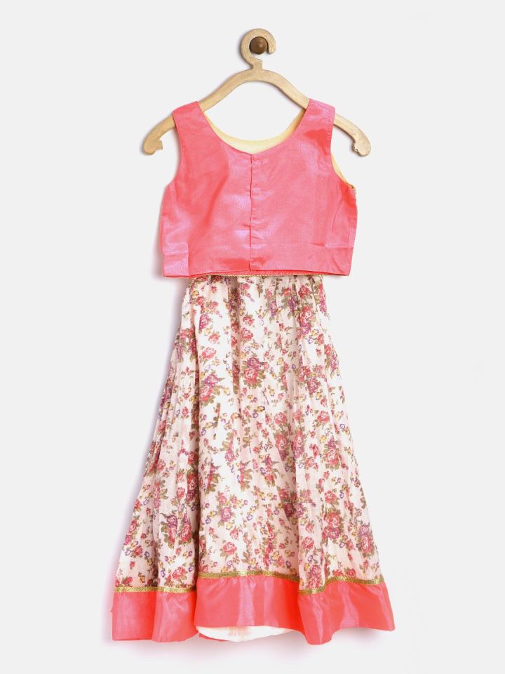 KAY Girls Off White Pink Printed Lehenga Choli with Dupatta