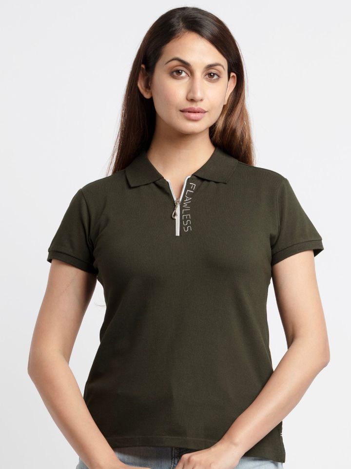 Olive green polo shirt womens top