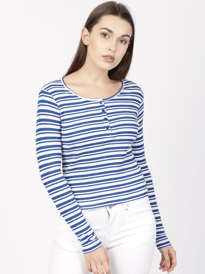 Blue white striped t shirt women's clearance