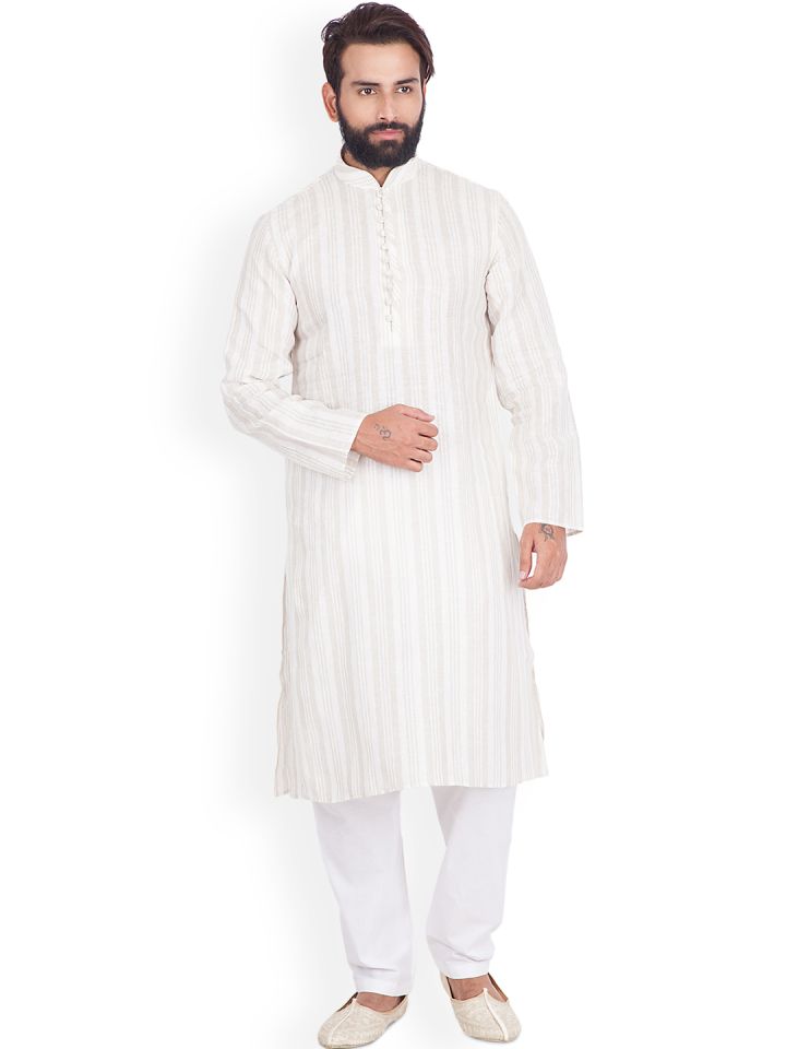 Gatha Beige White Striped Linen Cotton Kurta Pyjama