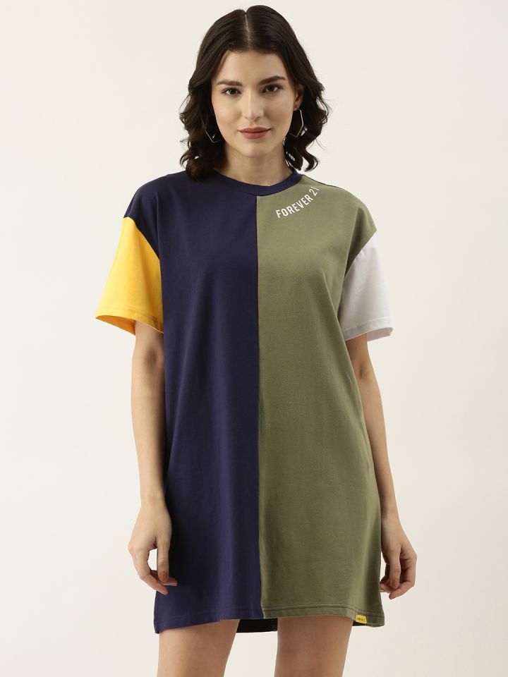 Buy FOREVER 21 Women Navy Blue Olive Green Colourblocked T Shirt
