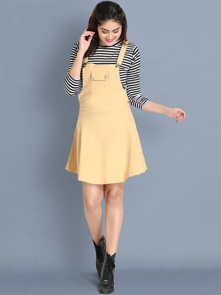 BUY NEW TREND Women Beige Solid Dungaree Skirt With T Shirt