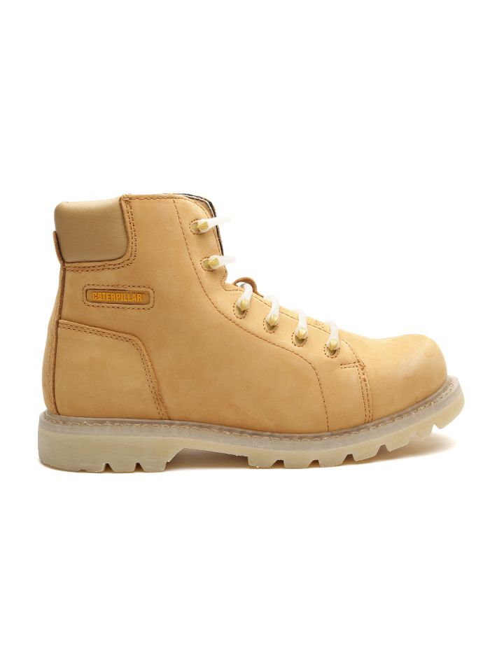 CAT Men Tan Brown Solid Leather High Top Flat Boots