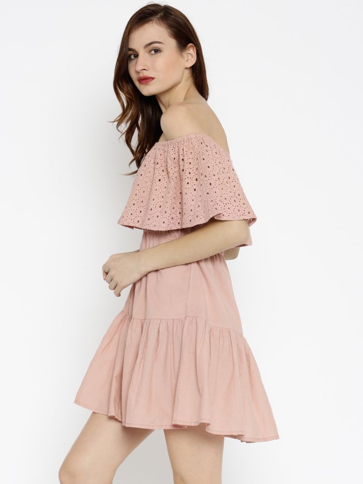 SASSAFRAS Women Peach Coloured Off Shoulder Fit Flare Dress
