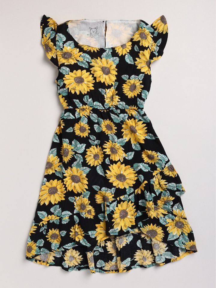 Buy Lazy Shark Girls Black Yellow Floral Print Dress Dresses