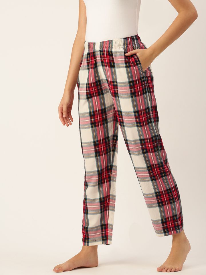 Buy Clt.s Women Red White Pure Cotton Checked Lounge Pyjamas