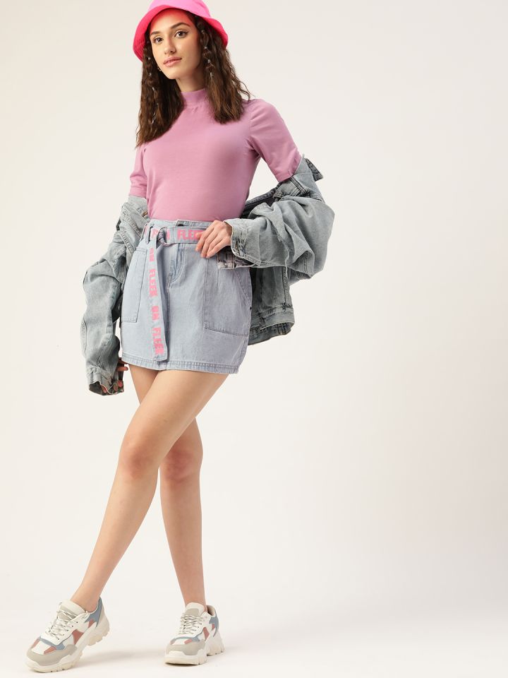 Buy 4WRD By Dressberry Blue Solid Pure Cotton A Line High Rise