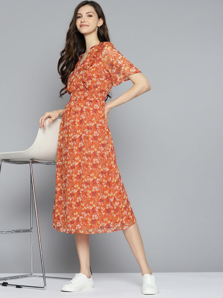 Orange floral on sale midi dress