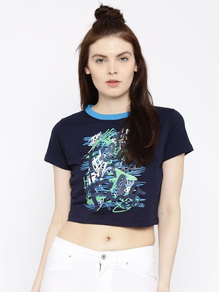 FILA Women Navy Slim Fit Printed Crop Pure Cotton T shirt