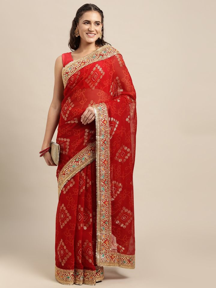 Buy VASTRANAND Red Golden Sequinned Bandhani Saree Sarees for