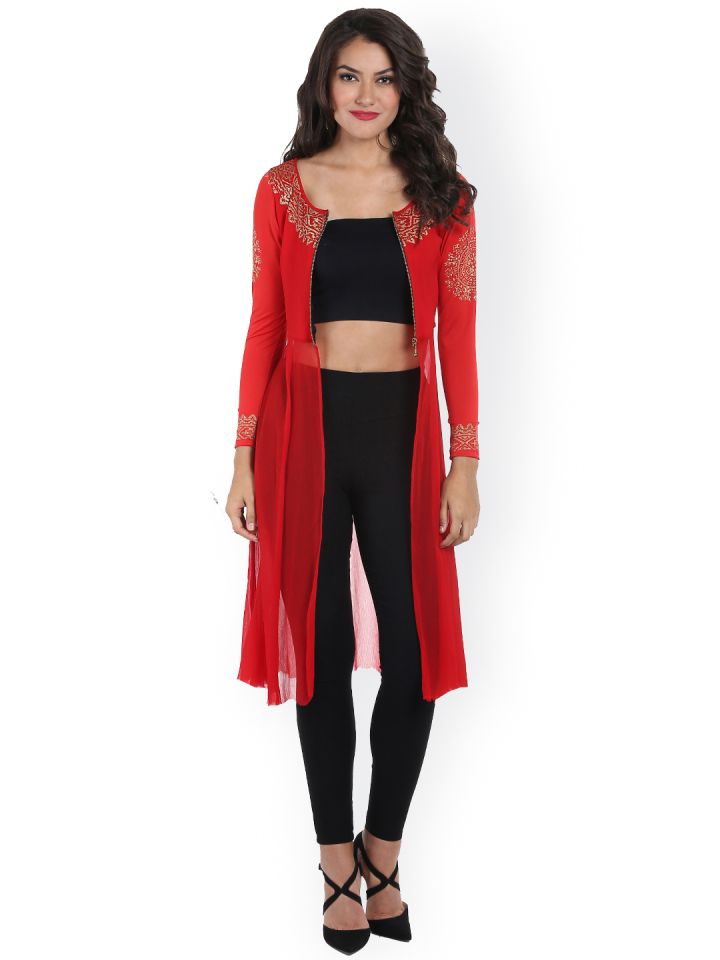 Ira Soleil Red Chiffon Jacket with Printed Detail