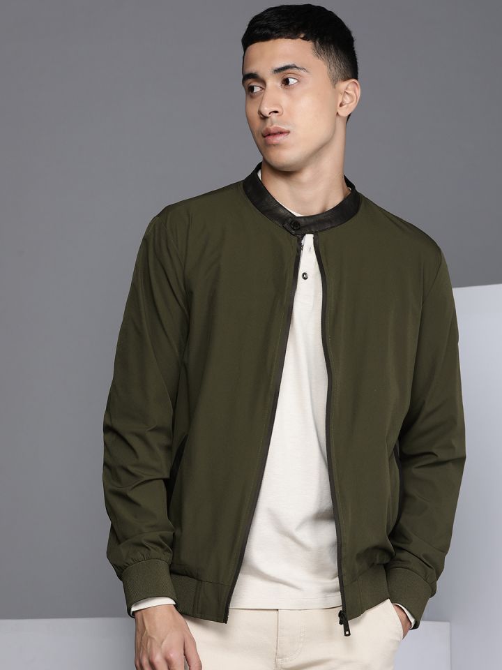 Kenneth Cole Fusion Men Olive Green Solid Bomber Jacket