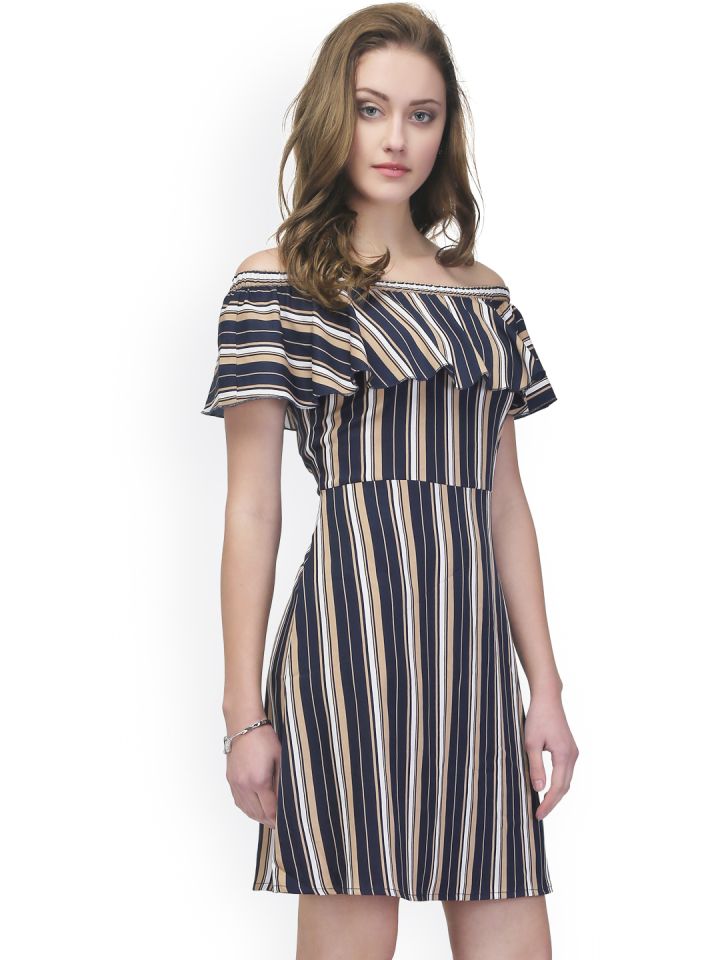 Buy Eavan Women Beige Navy Striped Off Shoulder Fit Flare