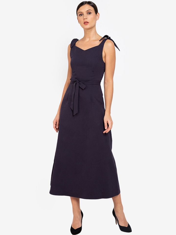 Buy ZALORA WORK Navy Blue Shoulder Tie Up Pure Cotton Maxi Dress