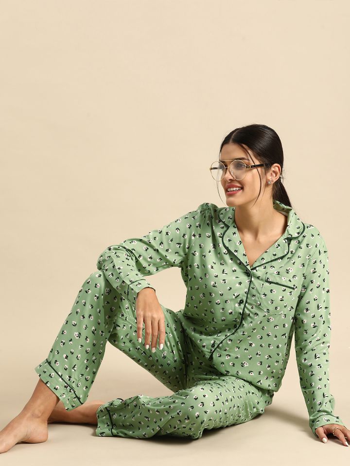 Buy Dreamz By Pantaloons Women Green White Printed Night Suit