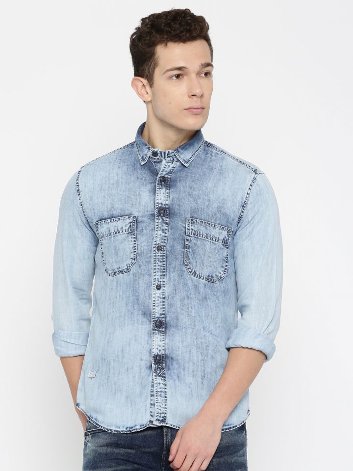 Pepe Jeans Men Solid Casual Blue Shirt