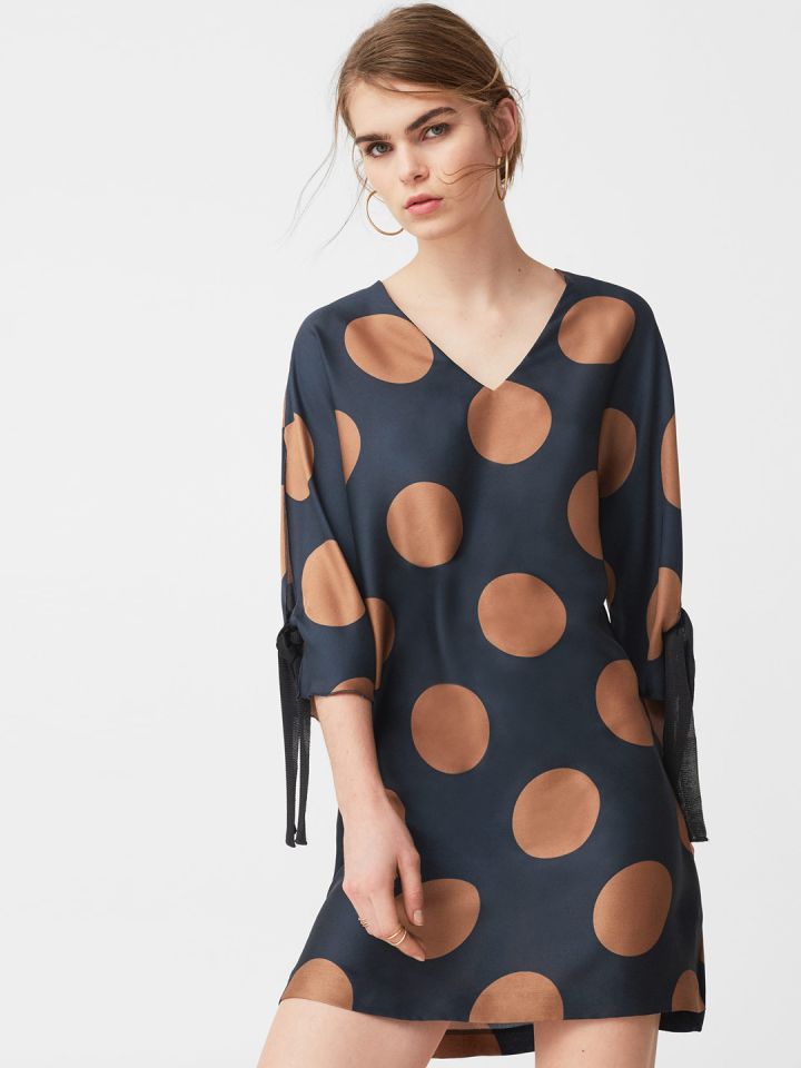 MANGO Women Navy Blue Polka Dot Print A Line Dress