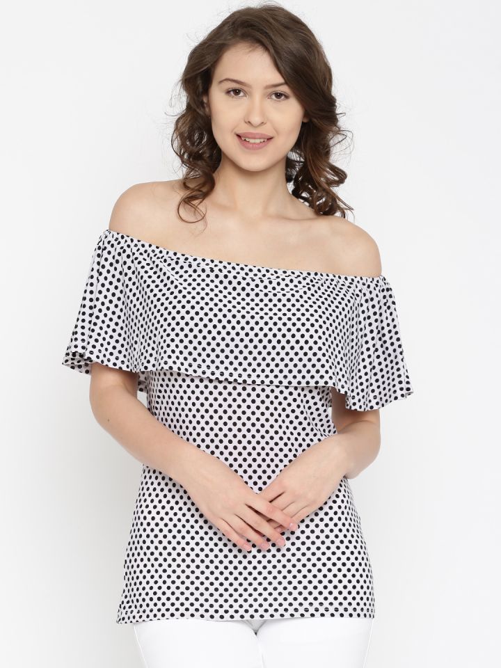AND Women White Black Polka Dot Print Layered Bardot Top