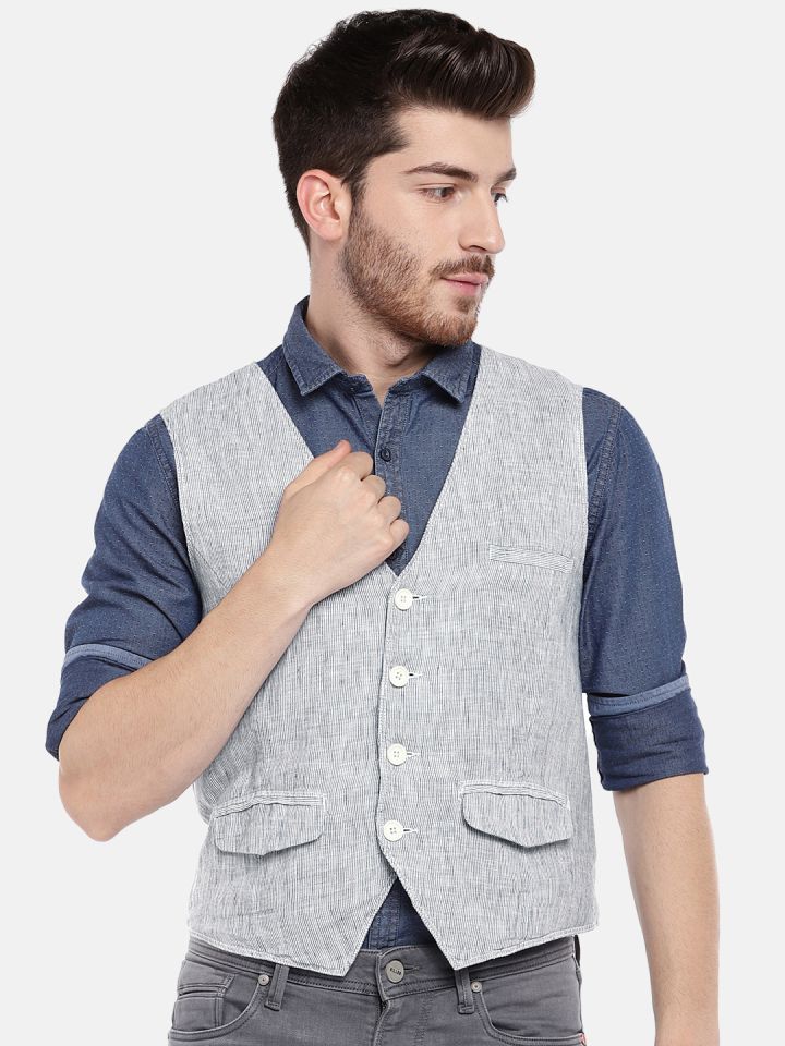Jack Jones Navy White Striped Linen Waistcoat