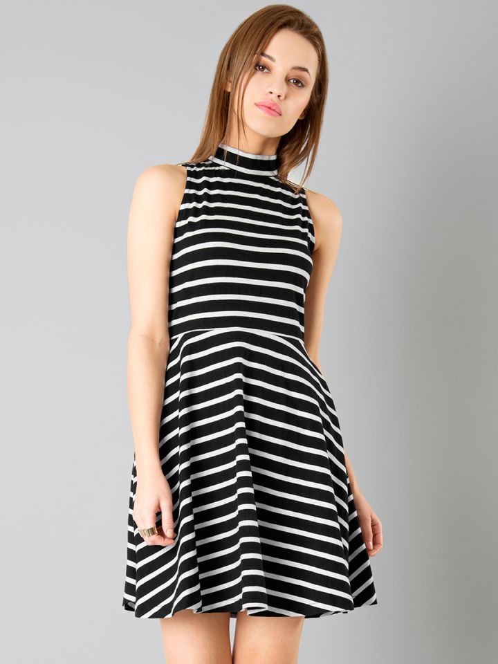 FabAlley Women Black White Striped Fit Flare Dress
