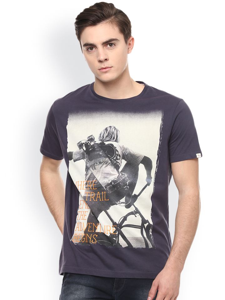 SPYKAR Men Charcoal Grey Printed Round Neck Slim Fit T shirt