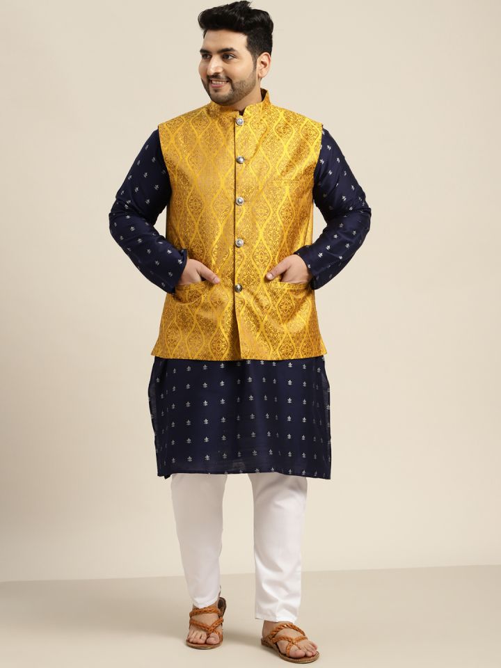 SOJANYA PLUS Plus Size Men Navy Blue Kurta with Pyjamas Nehru Jacket
