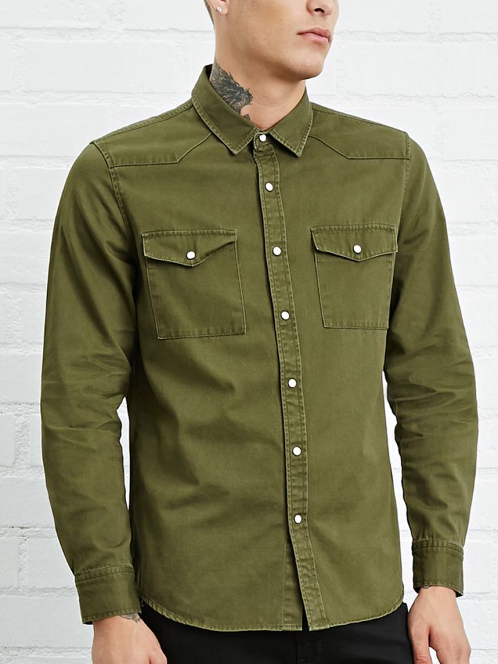 olive green denim shirt