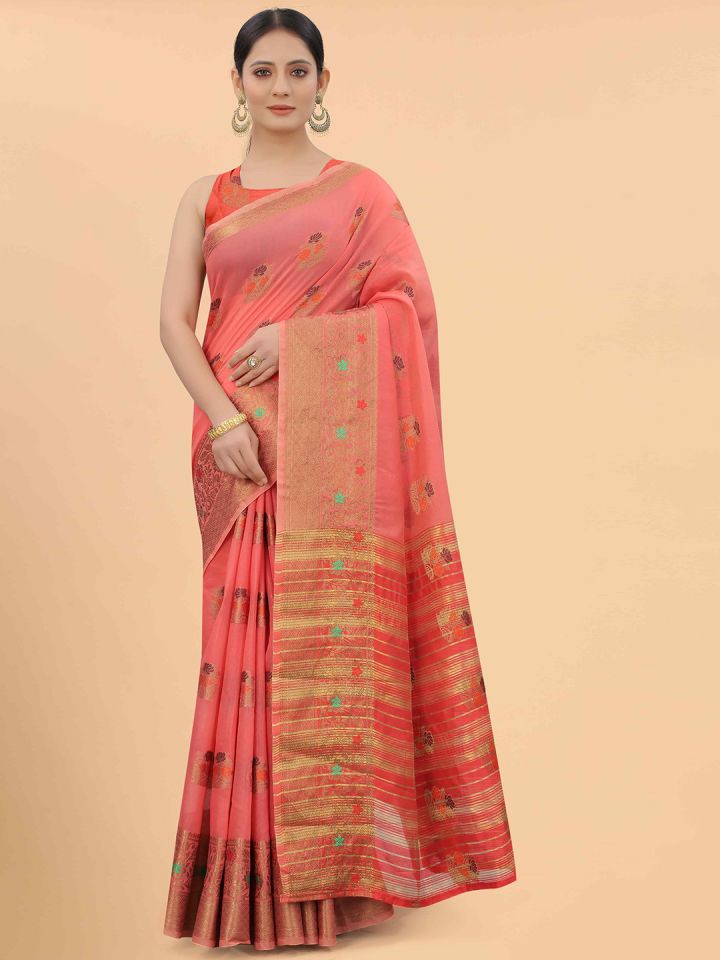 Buy Silk Land Pink Red Floral Woven Design Fusion Saree Sarees