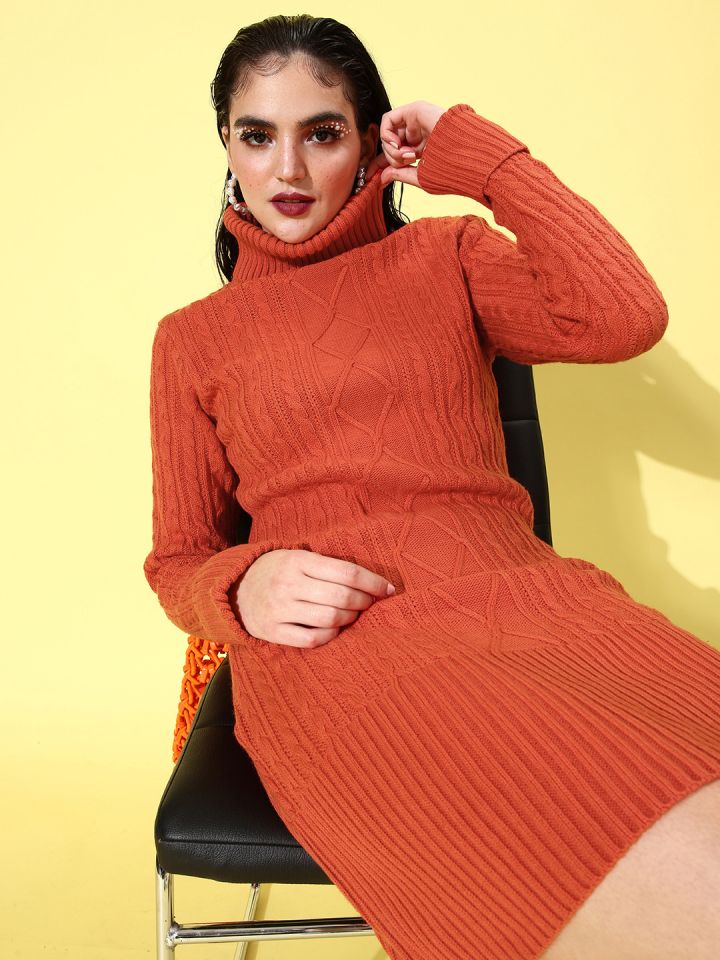 all about you Women Orange Self Design Cable Knit Turtle Neck Jumper Dress