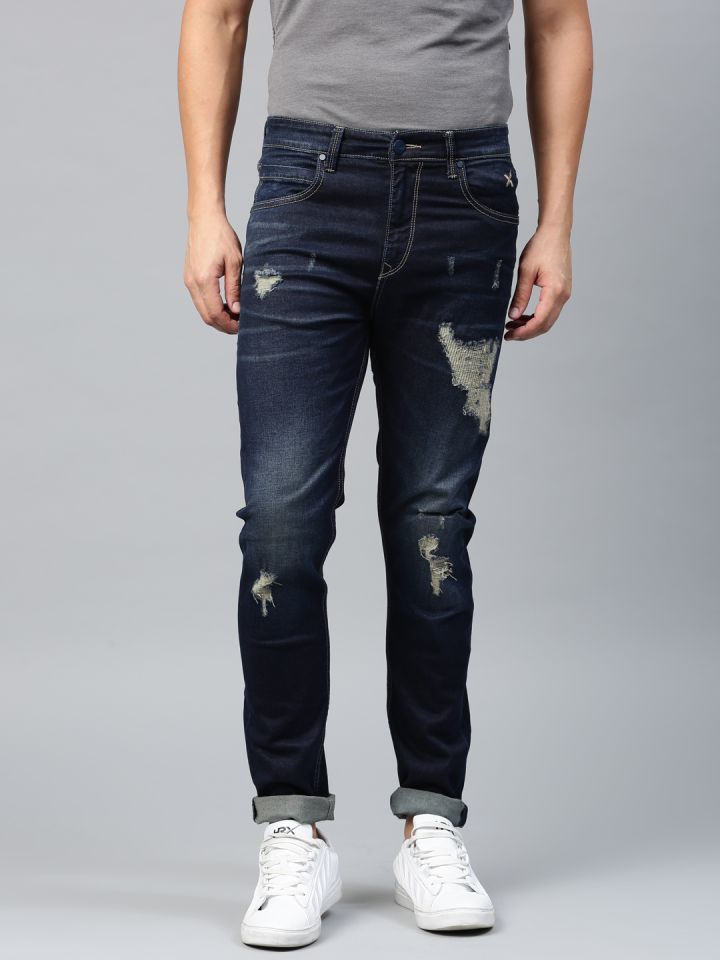HRX by Hrithik Roshan Men Blue Slim Tapered Fit Highly Distressed Stretchable Jeans