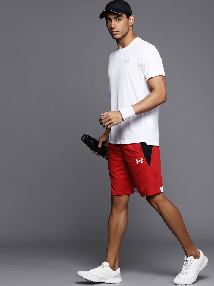 UNDER ARMOUR Men Red Black Baseline 10 inches Colourblocked Sports Shorts
