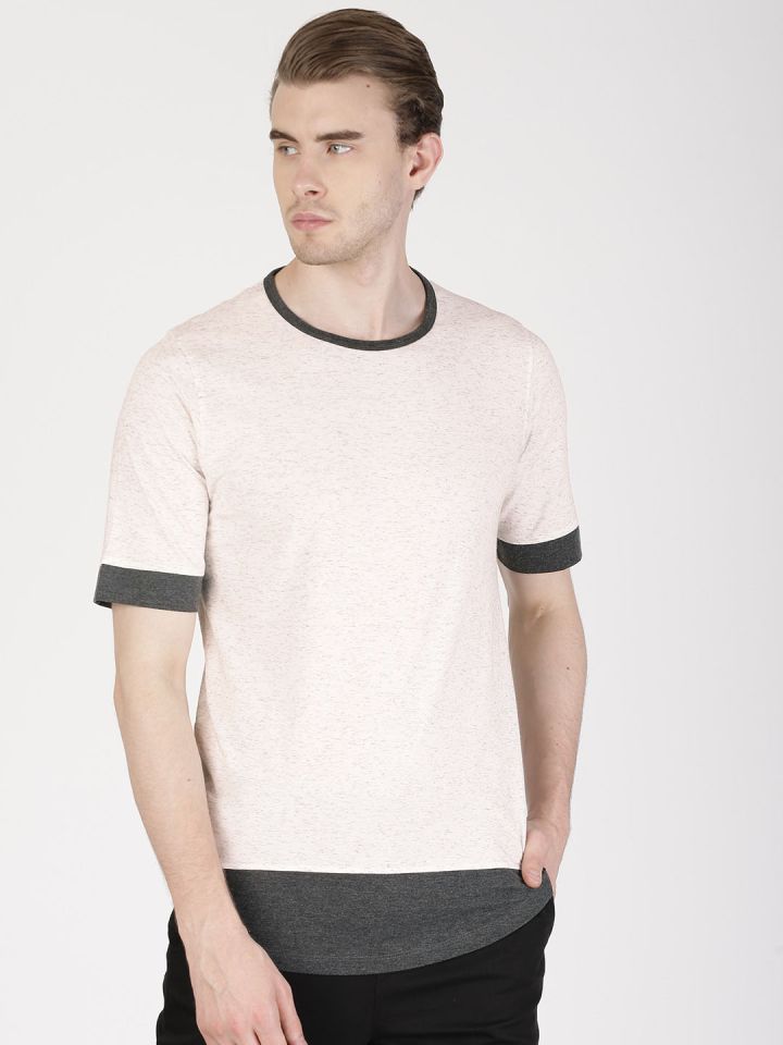 Buy Ether Men Off White Solid Round Neck Longline T Shirt