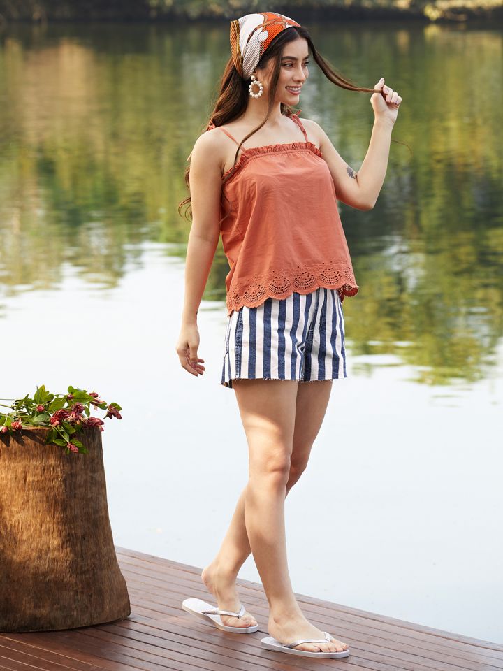 Buy FOREVER 21 Women Blue White Striped Shorts Shorts for