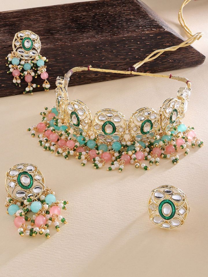 Buy Zaveri Pearls Gold Plated Pink Green Beads Cluster Drops