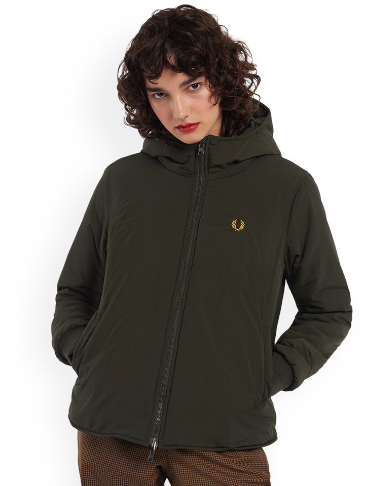 Buy Fred Perry Women Olive Green Solid Hooded Parka Coat Coats