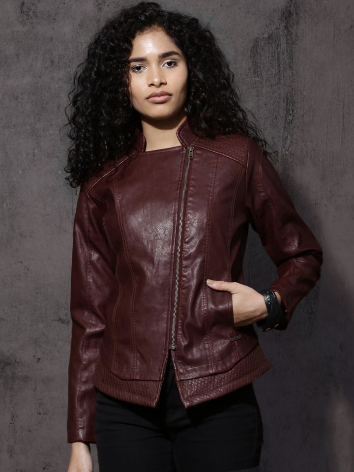 Ladies maroon hotsell leather jacket