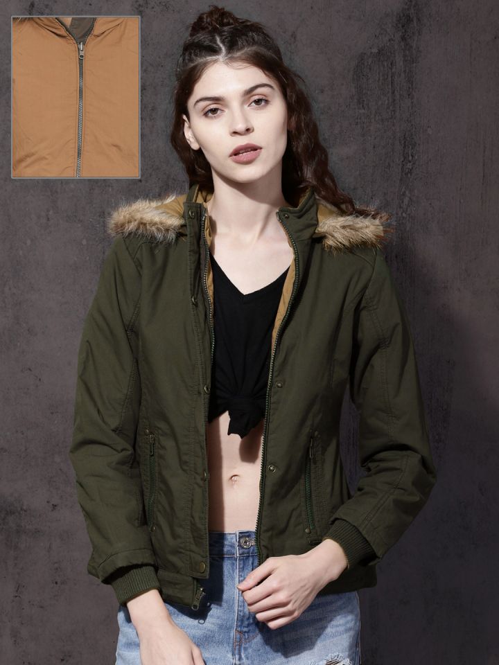 Buy Roadster Women Olive Green Khaki Solid Reversible Jacket