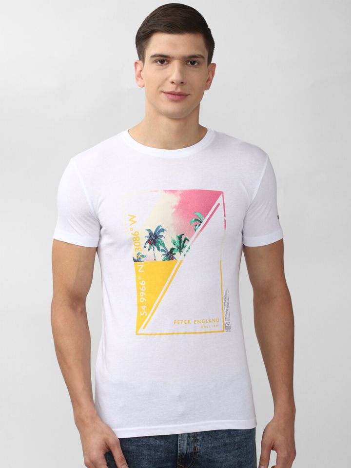 Buy Peter England Casuals Men White Printed Raw Edge Slim Fit T