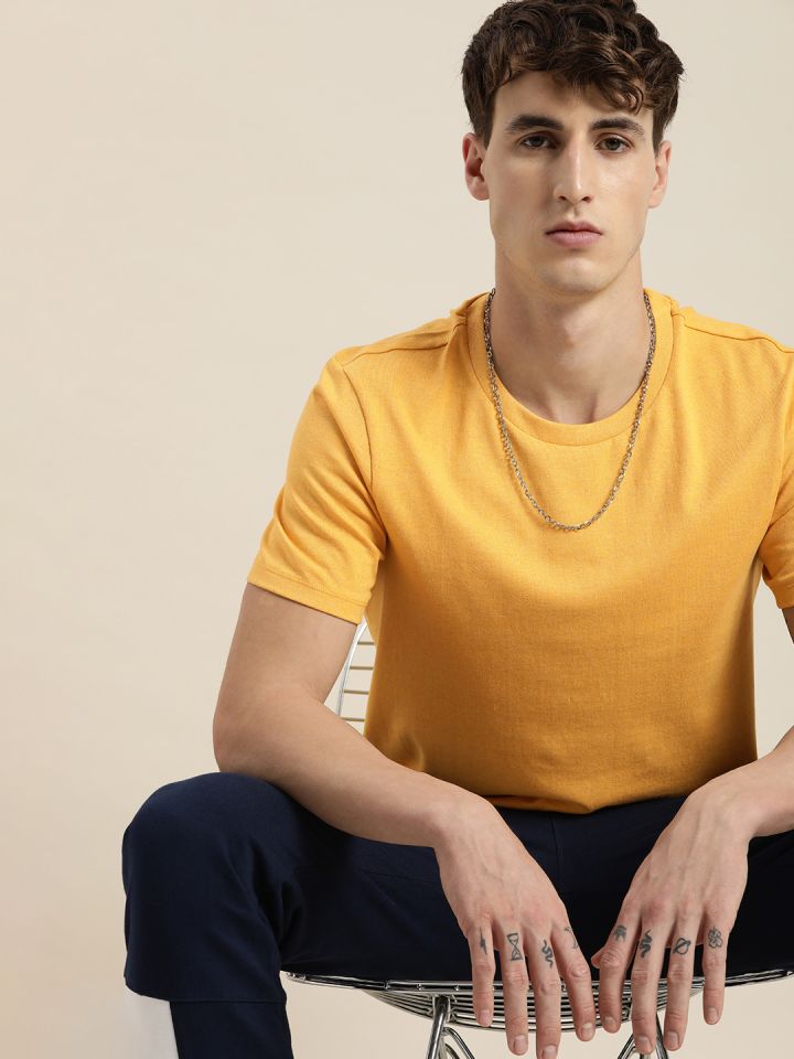 Buy Encore By INVICTUS Men Mustard Yellow Solid Casual T Shirt