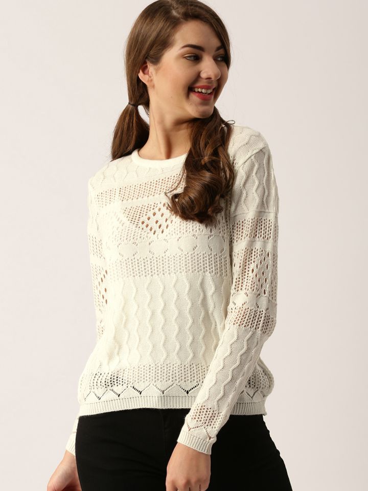 Buy DressBerry Women Off White Self Design Pullover Sweater