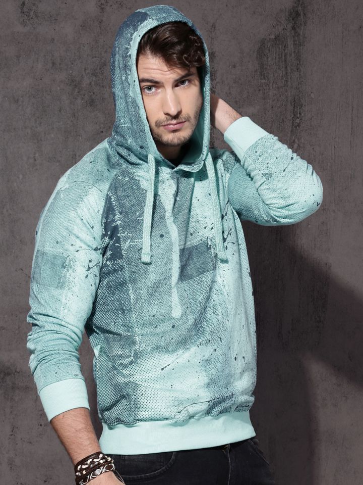 Roadster Men Blue Printed Hooded Sweatshirt
